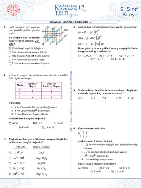 kimyasal türler arası etkileşimler test pdf